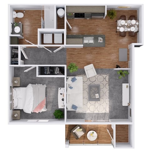 Floor plan for 1 bed, 1 bath, 837 sqft